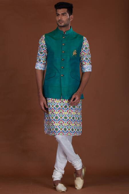 Nitesh Singh Chauhan Green Cotton , Art Printed Kurta Bundi Set Online at Aza Fashions Nitesh Singh Chauhan_Green Cotton , Art Printed Kurta Bundi Set _Online_at_Aza_Fashions