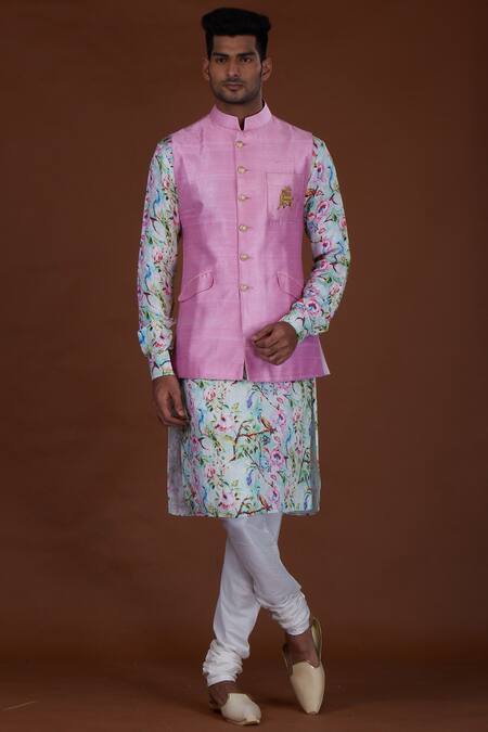 Nitesh Singh Chauhan Green Raw , Cotton , Art Printed Kurta And Bundi Set Online at Aza Fashions Nitesh Singh Chauhan_Green Raw , Cotton , Art Printed Kurta And Bundi Set _Online_at_Aza_Fashions