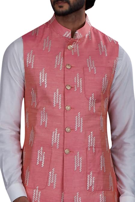 Shop Nitesh Singh Chauhan Pink Chanderi, Cotton , Art Bundi And Kurta Set at Aza Fashions Shop_Nitesh Singh Chauhan_Pink Chanderi, Cotton , Art Bundi And Kurta Set _at_Aza_Fashions