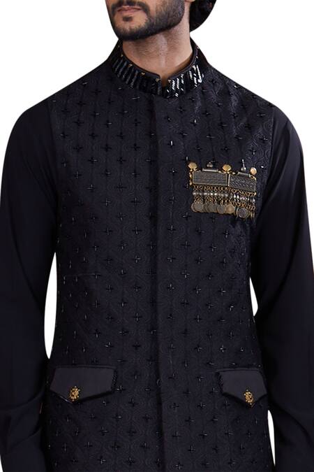 Shop Nitesh Singh Chauhan Black Cotton , Art Embroidered Bundi Kurta Set at Aza Fashions Shop_Nitesh Singh Chauhan_Black Cotton , Art Embroidered Bundi Kurta Set _at_Aza_Fashions