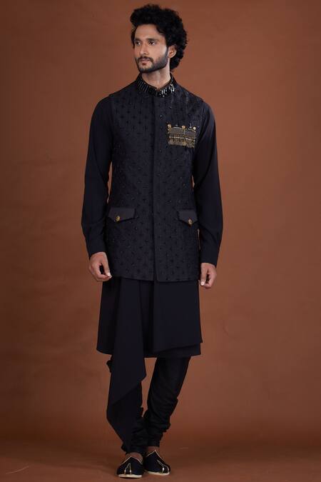 Nitesh Singh Chauhan Black Cotton , Art Embroidered Bundi Kurta Set Online at Aza Fashions Nitesh Singh Chauhan_Black Cotton , Art Embroidered Bundi Kurta Set _Online_at_Aza_Fashions