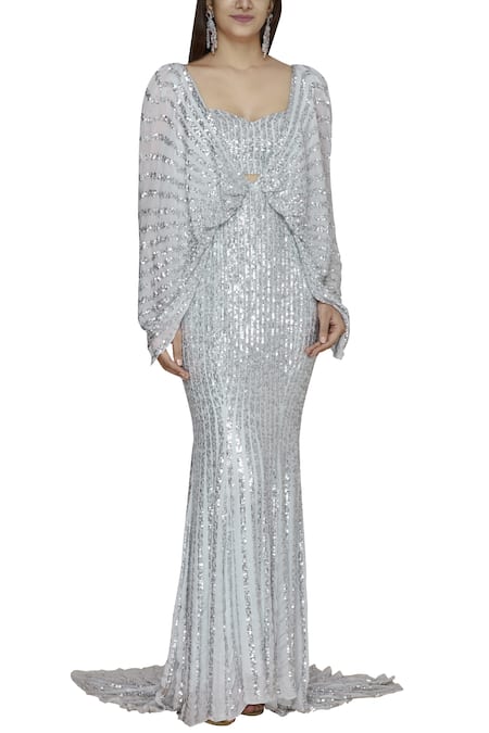 Shehlaa Khan Blue Chiffon Crop Top Sweetheart Neckline Embroidered Tail Gown Online at Aza Fashions Shehlaa Khan_Blue Chiffon Crop Top Sweetheart Neckline Embroidered Tail Gown _Online_at_Aza_Fashions