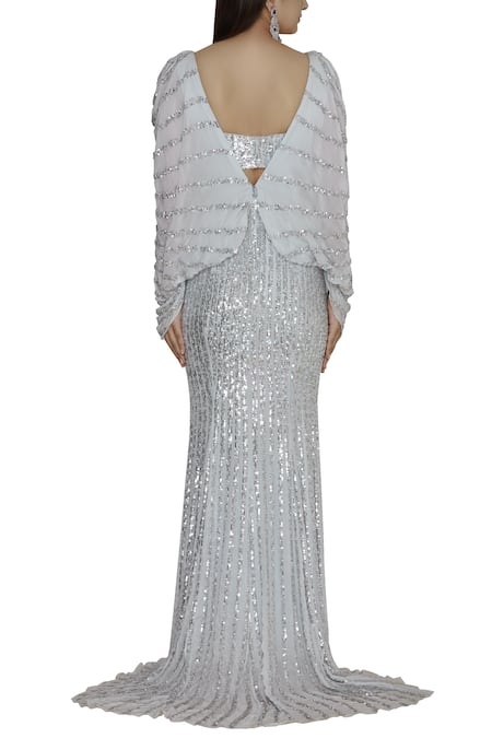 Shop Shehlaa Khan Blue Chiffon Crop Top Sweetheart Neckline Embroidered Tail Gown at Aza Fashions Shop_Shehlaa Khan_Blue Chiffon Crop Top Sweetheart Neckline Embroidered Tail Gown _at_Aza_Fashions