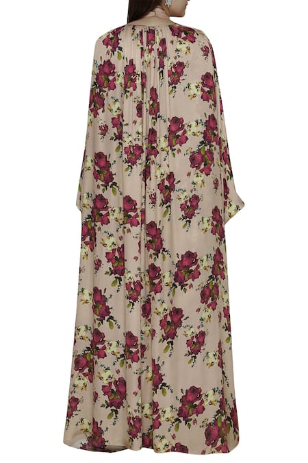 Shop Shehlaa Khan Peach Satin Georgette Crop Top Halter Neck Printed Tunic Cape Set at Aza Fashions Shop_Shehlaa Khan_Peach Satin Georgette Crop Top Halter Neck Printed Tunic Cape Set _at_Aza_Fashions