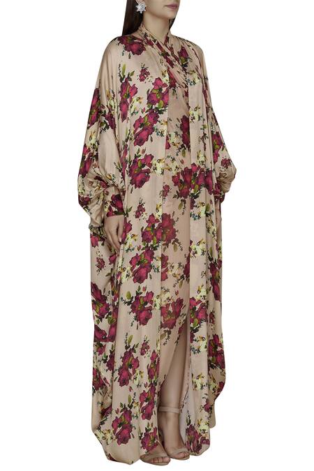 Shehlaa Khan Peach Satin Georgette Crop Top Halter Neck Printed Tunic Cape Set Online at Aza Fashions Shehlaa Khan_Peach Satin Georgette Crop Top Halter Neck Printed Tunic Cape Set _Online_at_Aza_Fashions