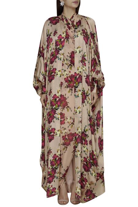 Buy Shehlaa Khan Peach Satin Georgette Crop Top Halter Neck Printed Tunic Cape Set Online at Aza Fashions Buy_Shehlaa Khan_Peach Satin Georgette Crop Top Halter Neck Printed Tunic Cape Set _Online_at_Aza_Fashions