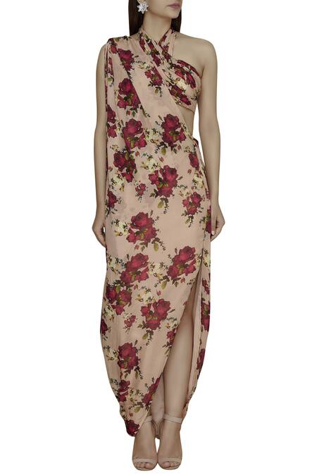 Shop Shehlaa Khan Peach Satin Georgette Crop Top Halter Neck Printed Tunic Cape Set Online at Aza Fashions Shop_Shehlaa Khan_Peach Satin Georgette Crop Top Halter Neck Printed Tunic Cape Set _Online_at_Aza_Fashions