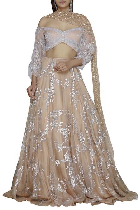 Shehlaa Khan Beige Organza Hand Painted Bridal Lehenga Set 