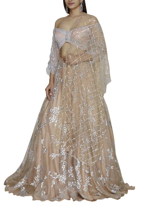 Shehlaa Khan_Beige Organza Hand Painted Bridal Lehenga Set _Online_at_Aza_Fashions