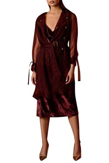 Buy Twinkle Hanspal Wine Organza Silk Slip Dress With Jacket at Aza Fashions Buy_Twinkle Hanspal_Wine Organza Silk Slip Dress With Jacket_at_Aza_Fashions