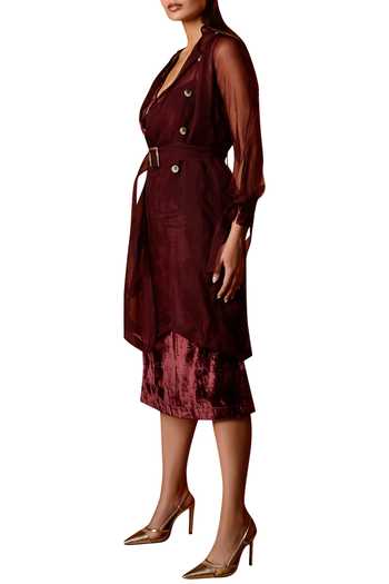 Shop Twinkle Hanspal Wine Organza Silk Slip Dress With Jacket at Aza Fashions Shop_Twinkle Hanspal_Wine Organza Silk Slip Dress With Jacket_at_Aza_Fashions