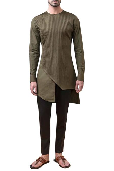 Arjuun Kilachand_Green Cotton Pintuck Kurta _Online_at_Aza_Fashions
