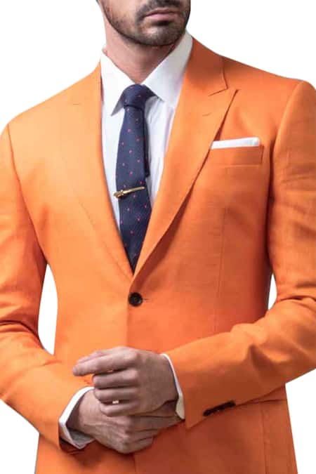 Shop Arjuun Kilachand Orange Linen Blazer Jacket at Aza Fashions Shop_Arjuun Kilachand_Orange Linen Blazer Jacket _at_Aza_Fashions
