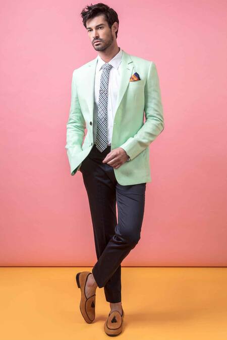Arjuun Kilachand Green Linen Notch Lapel Jacket Online at Aza Fashions Arjuun Kilachand_Green Linen Notch Lapel Jacket _Online_at_Aza_Fashions
