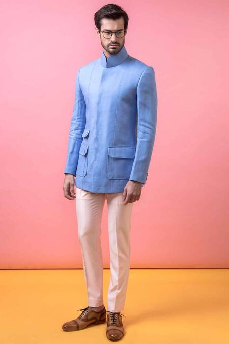 Arjuun Kilachand_Blue Linen High Neck Bandhgala _Online_at_Aza_Fashions