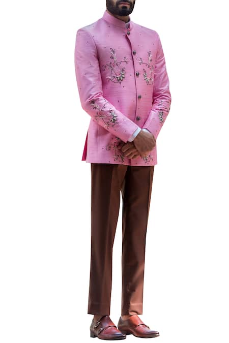 Arjuun Kilachand_Pink Raw Silk Embroidered Bandhgala _Online_at_Aza_Fashions