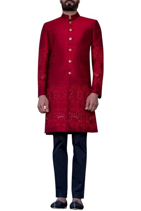 Arjuun Kilachand_Red Raw Silk Embroidered Sherwani _Online_at_Aza_Fashions