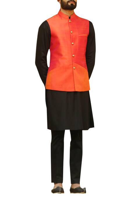 Arjuun Kilachand_Orange Raw Silk Bundi _Online_at_Aza_Fashions