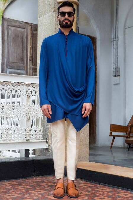 Arjuun Kilachand_Blue Modal Draped Kurta _Online_at_Aza_Fashions