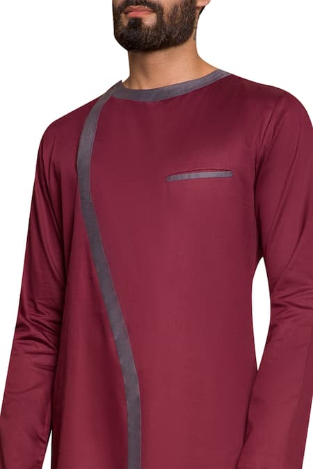 Arjuun Kilachand_Wine Cotton Overlap Kurta _Online_at_Aza_Fashions