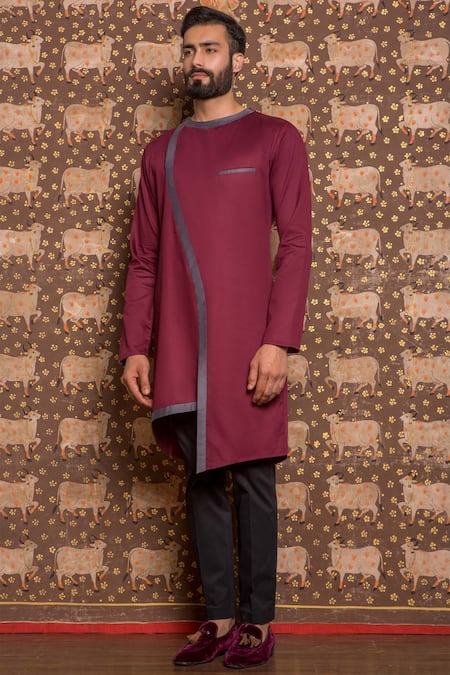 Buy_Arjuun Kilachand_Wine Cotton Overlap Kurta _Online_at_Aza_Fashions