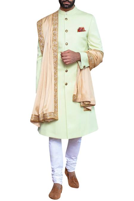 Arjuun Kilachand_Green Wool Blend Achkan Sherwani _Online_at_Aza_Fashions