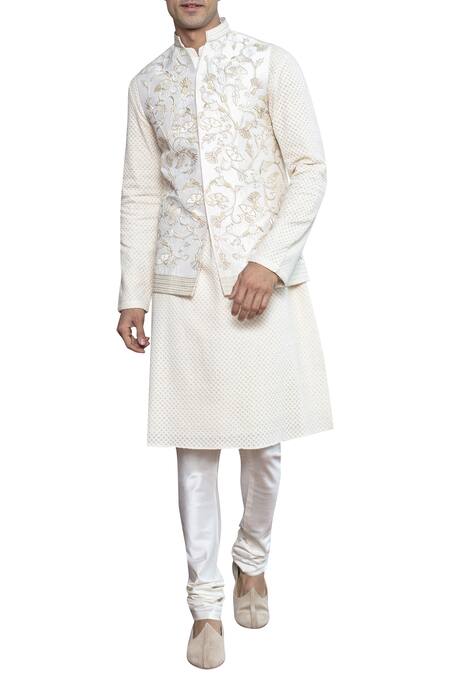 Arjuun Kilachand_Off White Dupion Silk Embroidered Bundi _Online_at_Aza_Fashions