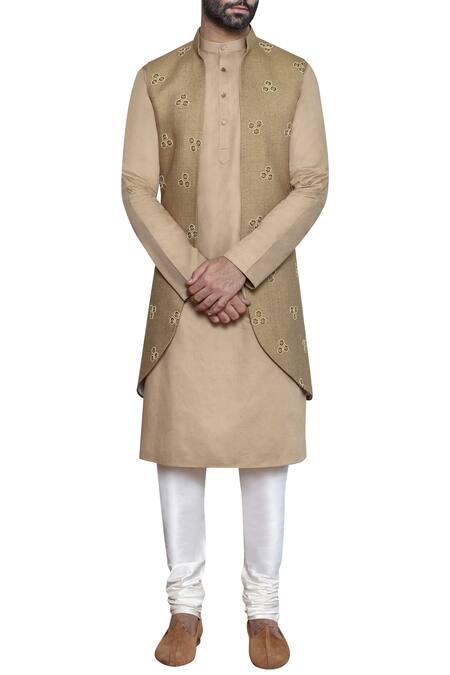Arjuun Kilachand_Beige Cotton Linen Embroidered Jacket _Online_at_Aza_Fashions