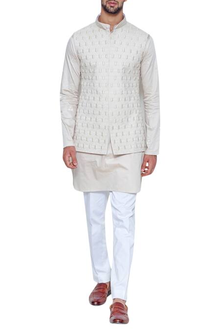 Arjuun Kilachand_Beige Cotton Silk Embroidered Bundi With Kurta _Online_at_Aza_Fashions