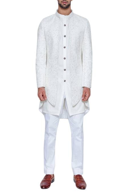 Arjuun Kilachand_Off White Cotton Silk Embellished Jacket With Kurta _Online_at_Aza_Fashions