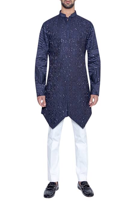 Arjuun Kilachand_Blue Cotton Silk Embellished Bundi With Kurta _Online_at_Aza_Fashions