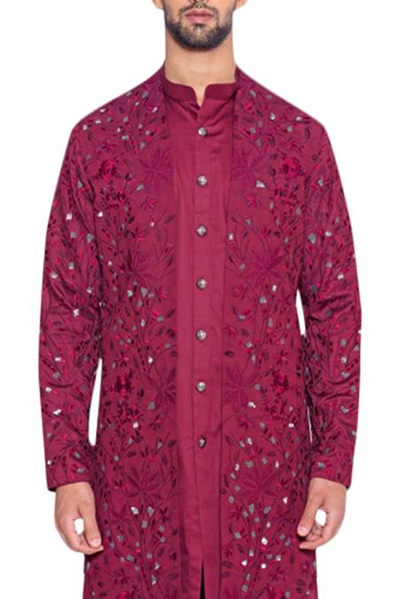 Arjuun Kilachand_Maroon Cotton Silk Embroidered Jacket With Kurta _Online_at_Aza_Fashions