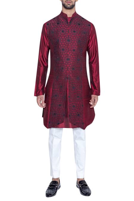 Arjuun Kilachand_Maroon Raw Silk Embroidered Bundi With Kurta _Online_at_Aza_Fashions