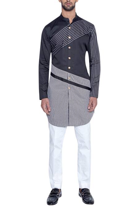 Arjuun Kilachand_Black Cotton Satin Striped Kurta _Online_at_Aza_Fashions