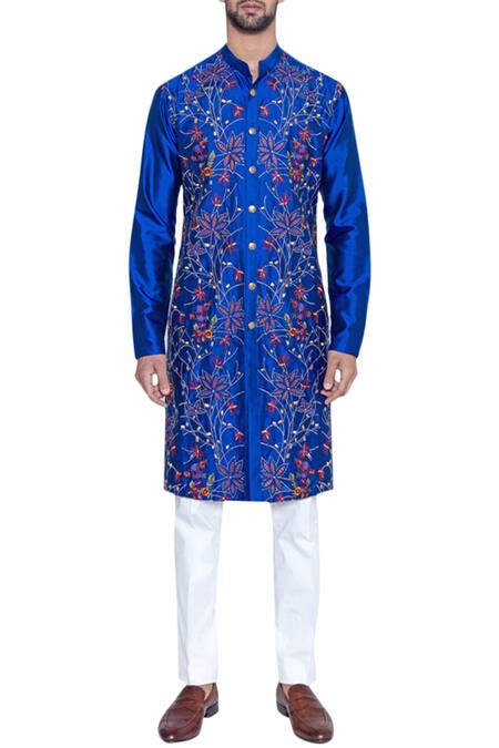 Arjuun Kilachand_Blue Silk Embroidered Kurta _Online_at_Aza_Fashions