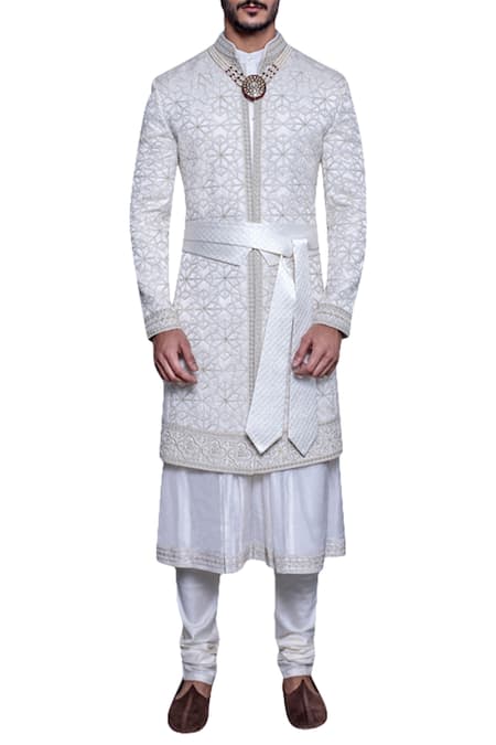 Arjuun Kilachand_Off White Satin Silk Embroidered Sherwani _Online_at_Aza_Fashions