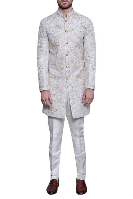 Arjuun Kilachand_Off White Raw Silk Embroidered Sherwani _Online_at_Aza_Fashions