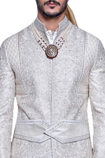 Shop Arjuun Kilachand Off White Raw Silk Embroidered Sherwani at Aza Fashions Shop_Arjuun Kilachand_Off White Raw Silk Embroidered Sherwani _at_Aza_Fashions