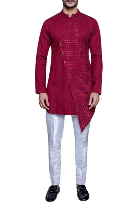 Arjuun Kilachand_Maroon Cotton Linen Embroidered Kurta _Online_at_Aza_Fashions