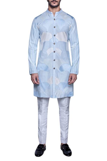 Arjuun Kilachand_Blue Tussar Silk Embroidered Kurta _Online_at_Aza_Fashions
