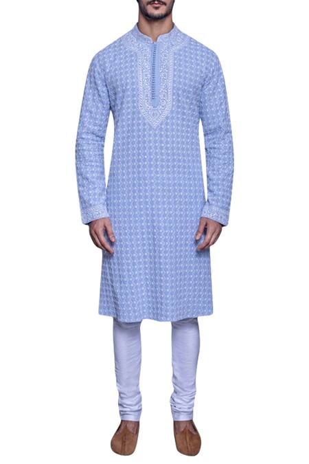 Arjuun Kilachand_Blue Mal Cotton Embroidered Kurta _Online_at_Aza_Fashions