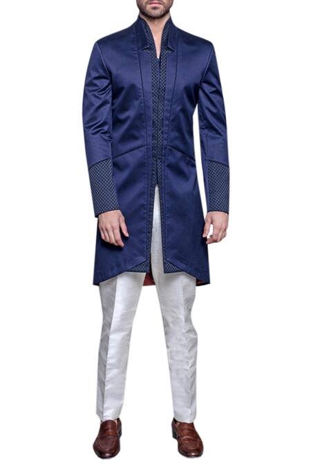 Arjuun Kilachand_Blue Cotton Satin Embroidered Sherwani _Online_at_Aza_Fashions