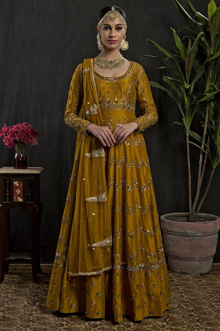 Buy_Joy Mitra_Gold Chanderi Silk Boat Anarkali Set _Online_at_Aza_Fashions