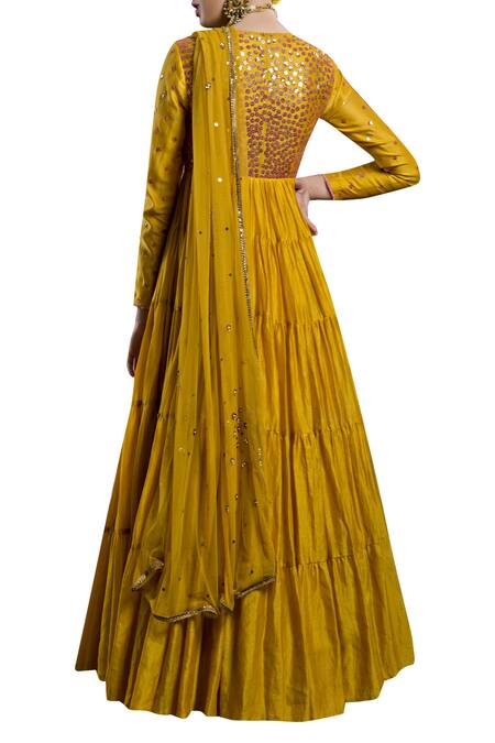 Shop_Joy Mitra_Yellow Chanderi Silk Round Kurta Lehenga Set _at_Aza_Fashions