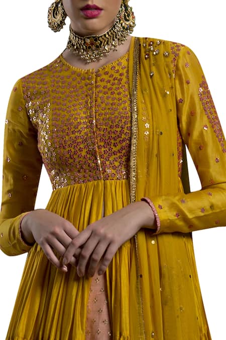 Joy Mitra_Yellow Chanderi Silk Round Kurta Lehenga Set _Online_at_Aza_Fashions