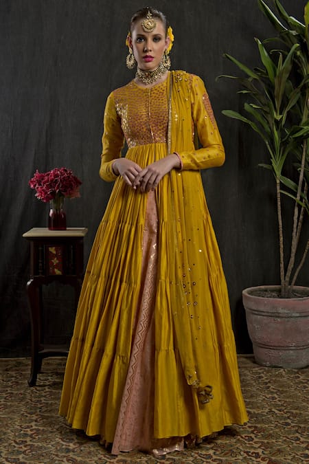 Buy_Joy Mitra_Yellow Chanderi Silk Round Kurta Lehenga Set _Online_at_Aza_Fashions