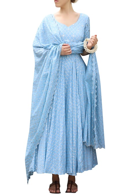 Seema Nanda_Blue Lycra, Pentagon Printed Anarkali Set _Online_at_Aza_Fashions