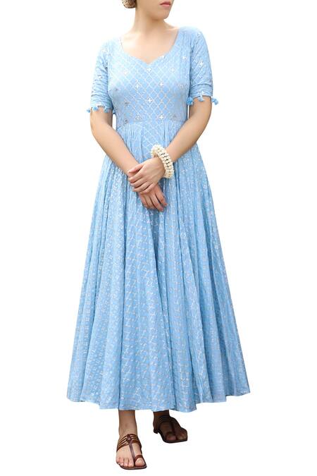 Buy_Seema Nanda_Blue Lycra, Pentagon Printed Anarkali Set _Online_at_Aza_Fashions