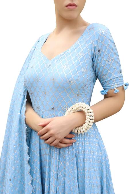 Shop_Seema Nanda_Blue Lycra, Pentagon Printed Anarkali Set _Online_at_Aza_Fashions
