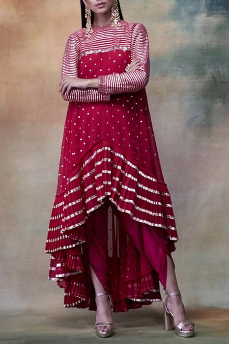 Vvani By Vani Vats Red Kurta Georgettedhoti Crepe Round Embroidered Dhoti Set Online at Aza Fashions Vvani By Vani Vats_Red Kurta Georgettedhoti Crepe Round Embroidered Dhoti Set _Online_at_Aza_Fashions